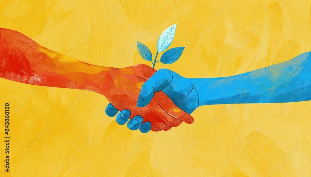 Obraz premium Connection with nature a business partnership emerges as two figures shake hands holding a plant and leaf