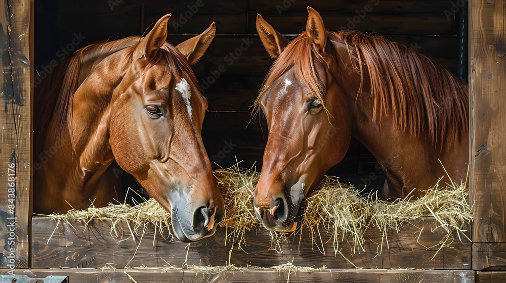 Fototapeta premium Portrait of two chestnut horses eating hay in a wooden stable