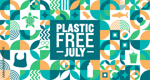 July is Plastic Free July geometric shape pattern background template with turtle picture. use to background, banner, placard, card, and poster design template. A month for the environment.