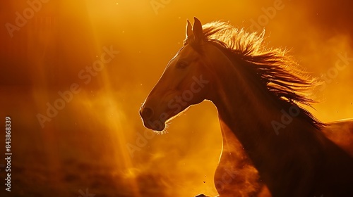 Profile of a horse galoping in orange dramatic light photo