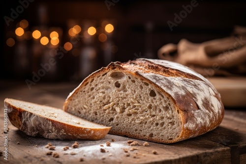Traditional Sourdough Bread With A Slice On The Side, Cozy Bakery Setting. Generative AI