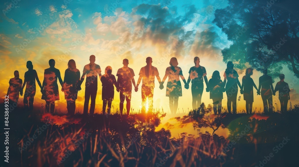 silhouetted figures of a diverse group of volunteers joining hands symbolizing unity compassion and the power of working together for a common cause double exposure photograph silhouetted figures of a diverse group of volunteers joining hands symbolizing unity compassion and the power of working together for a common cause double exposure photograph
