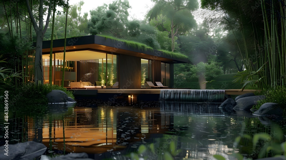 Fototapeta premium House in a cool and lush tropical forest, small lake in front, surrounded by bamboo trees and greenery