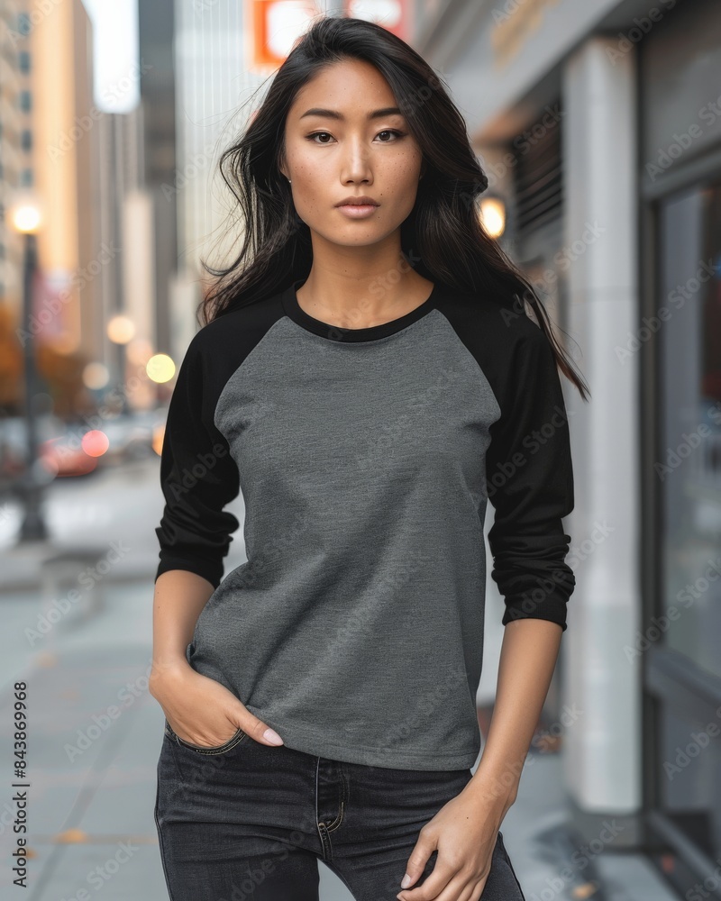 A woman wearing a gray and black raglan shirt stands on a city street A woman wearing a gray and black raglan shirt stands on a city street