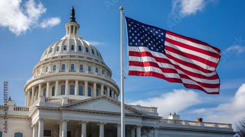 us capitol building,  celebratory fireworks on background of american flag at US independence day