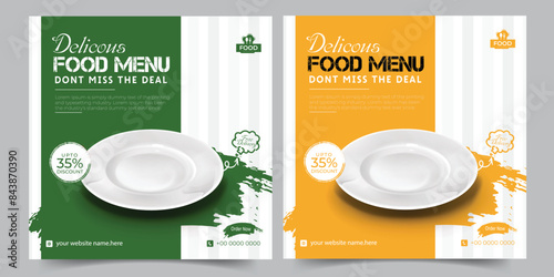 Fast food restaurant business marketing social media post or web banner template design with plate, abstract background. Burger, fresh pizza and pasta online sale promotion flyer or poster