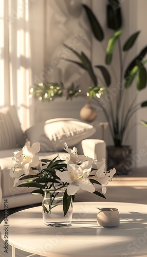 Modern room design featuring a table with flowers, a comfortable sofa, and elegant accessories
