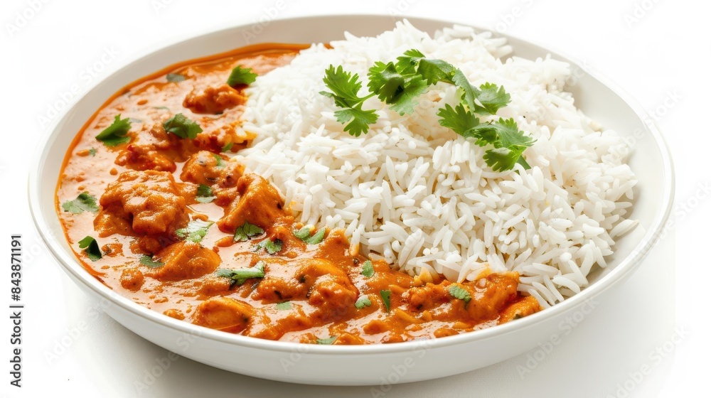 spicy chicken tikka masala curry with rice isolated on white background spicy chicken tikka masala curry with rice isolated on white background