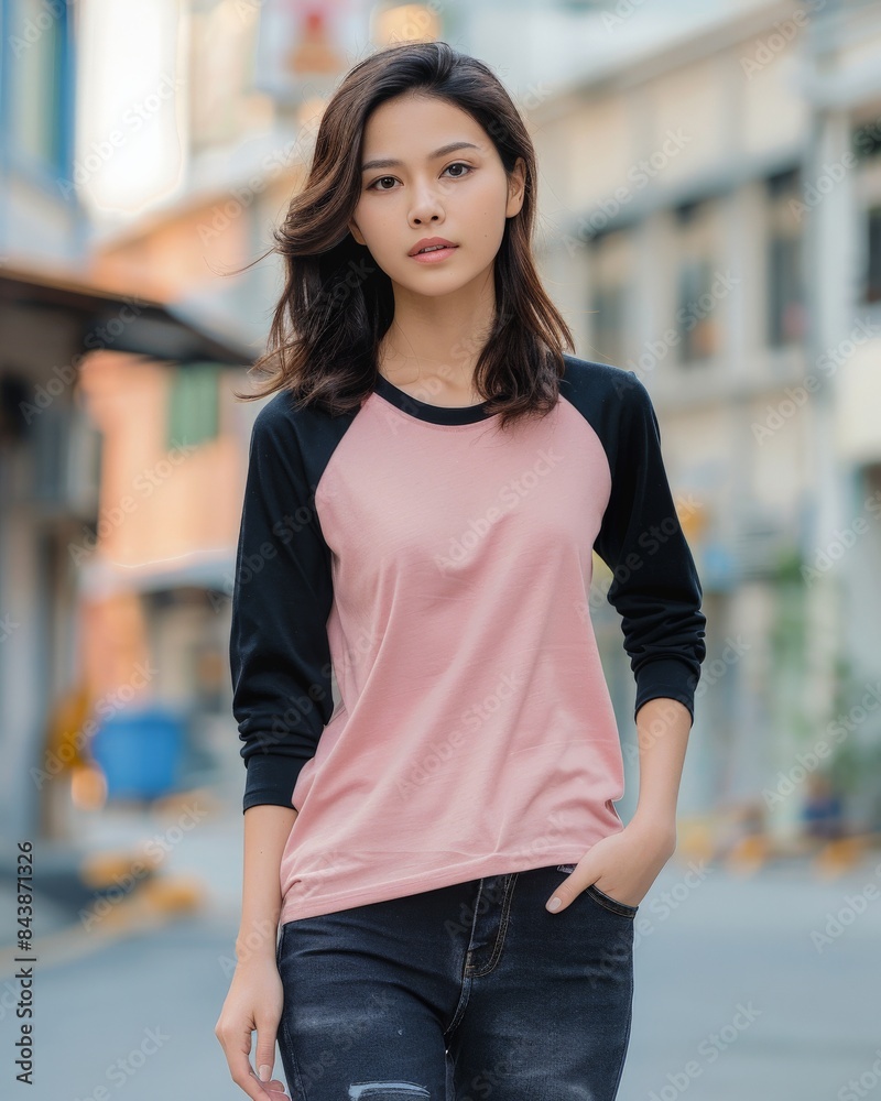 A woman in a pink and black raglan shirt mockup stands confidently on a city street A woman in a pink and black raglan shirt mockup stands confidently on a city street