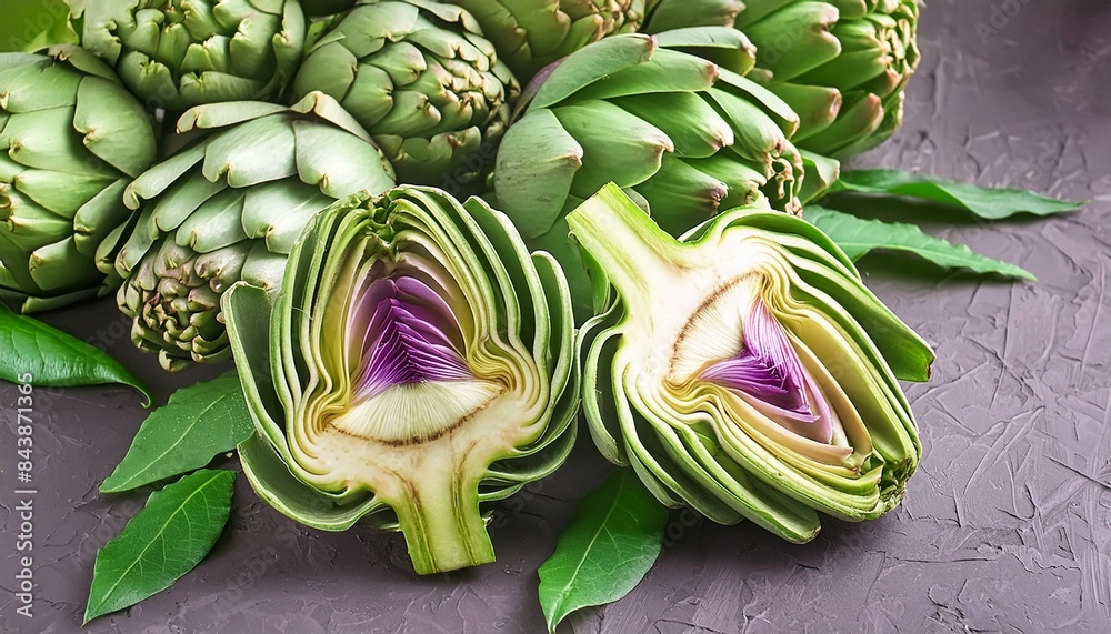 Obraz premium Healthy food - raw artichokes, green and purple. Vegetables background