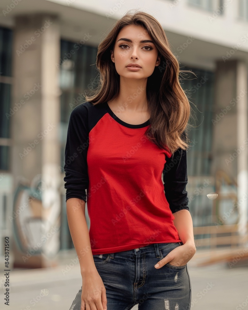 A woman wearing a red and black raglan shirt stands in an urban setting A woman wearing a red and black raglan shirt stands in an urban setting