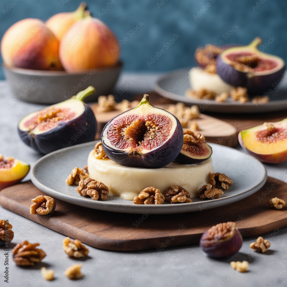 Caramelised fig, walnut, vanilla on a peach fuzzy color plate and background Caramelised fig, walnut, vanilla on a peach fuzzy color plate and background