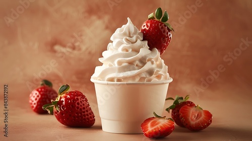 Strawberries and whipped cream cup isolated over a brownbackground photo