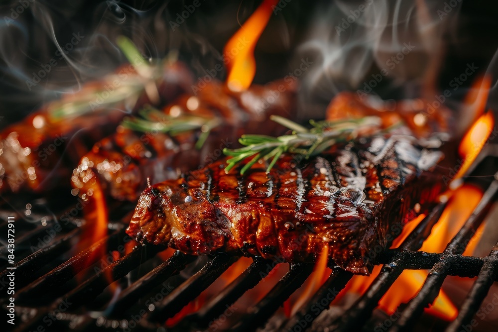 grilled beef meat on grill with hot flames, photography grilled beef meat on grill with hot flames, photography