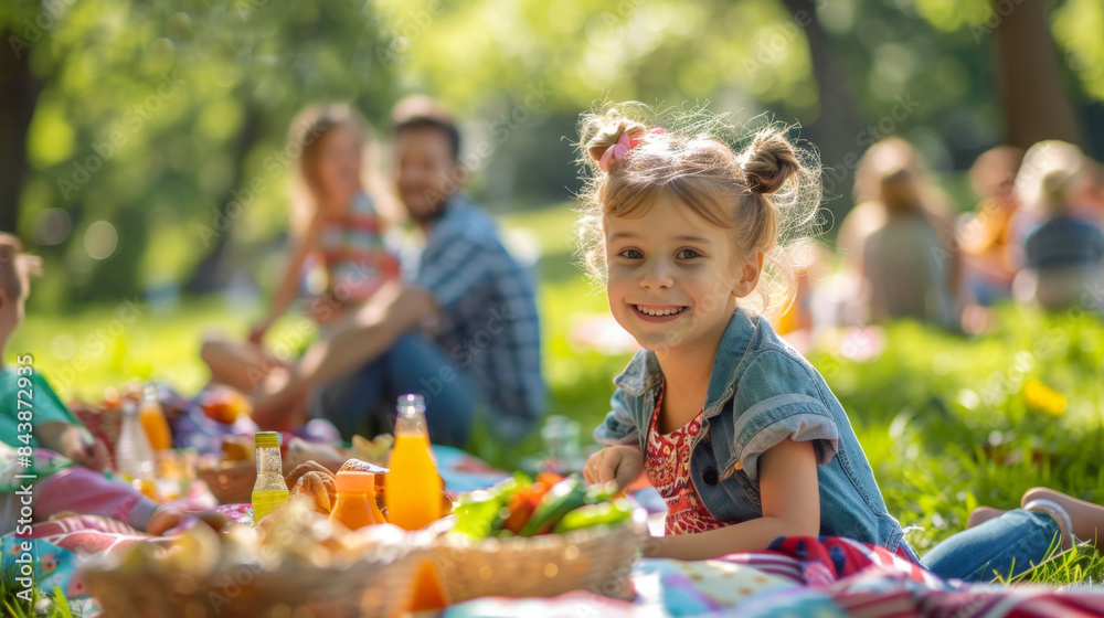 A cheerful young girl enjoying a picnic in the park with her family, surrounded by food and nature on a sunny day. Happy Family Picnic with Smiling Child
A cheerful young girl enjoying a picnic in the park with her family, surrounded by food and nature on a sunny day. Happy Family Picnic with Smiling Child