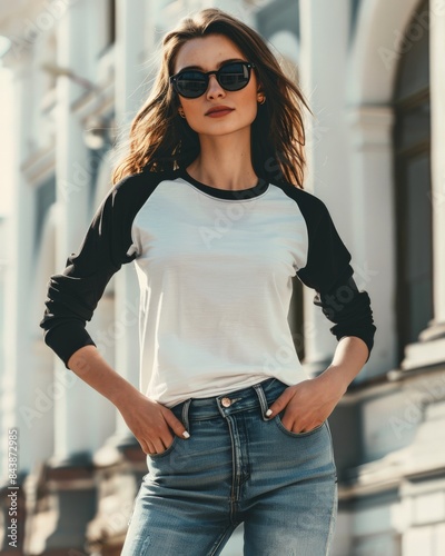 A woman wearing a white raglan shirt poses confidently in a city setting