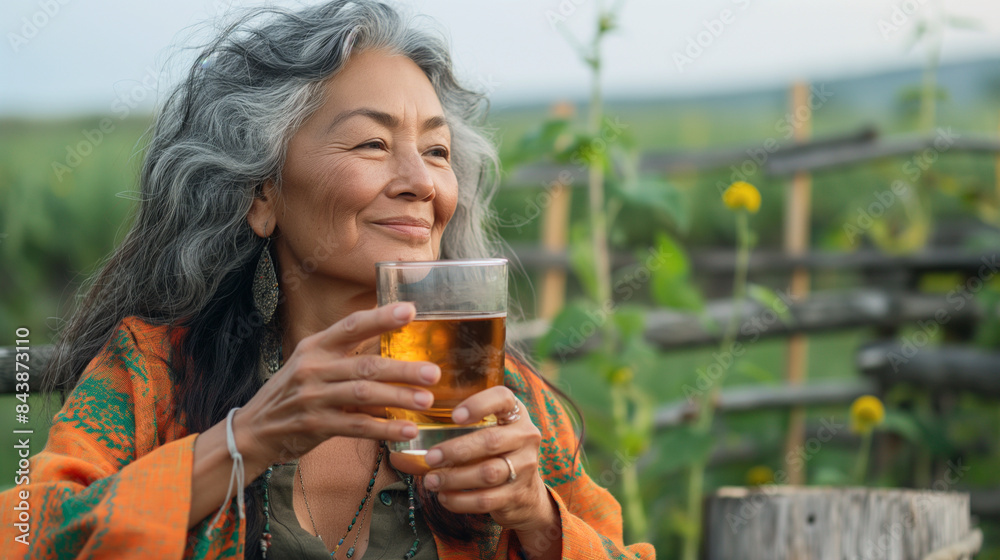 Serene Elderly Woman Enjoying Tea Outdoors at Sunset Serene Elderly Woman Enjoying Tea Outdoors at Sunset
