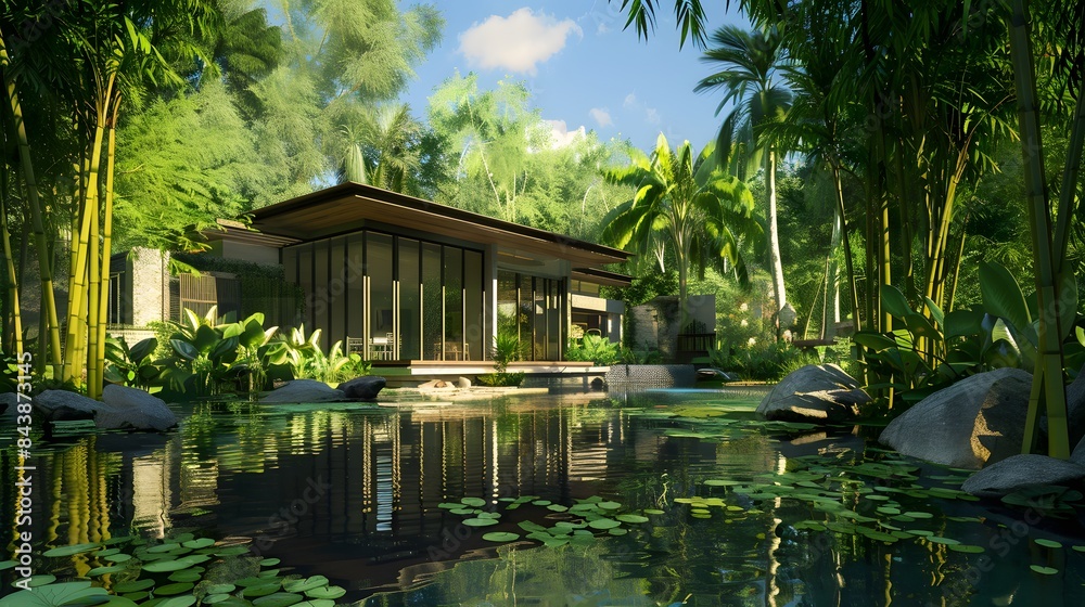 Fototapeta premium House in a cool and lush tropical forest, small lake in front, surrounded by bamboo trees and greenery