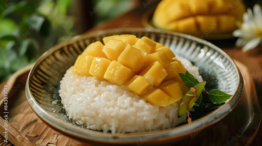 style tropical dessert glutinous rice eat with mangoes