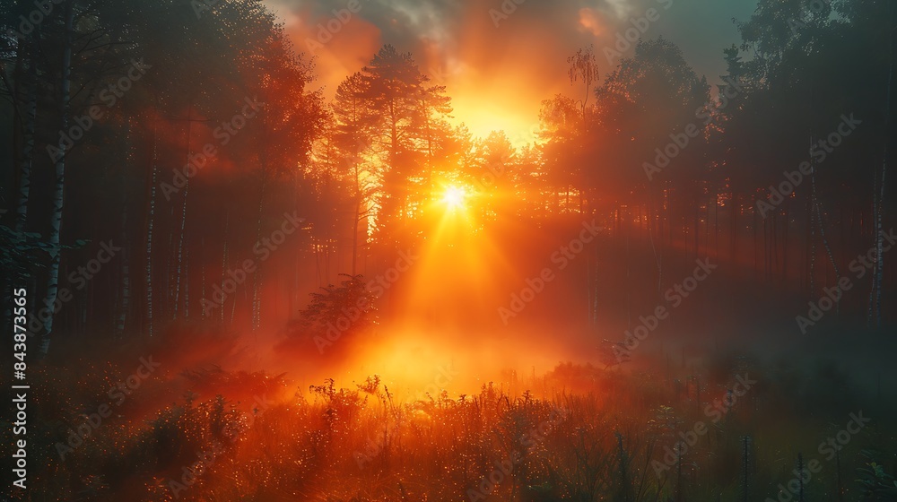 Sun bursting through morning mist in a forest