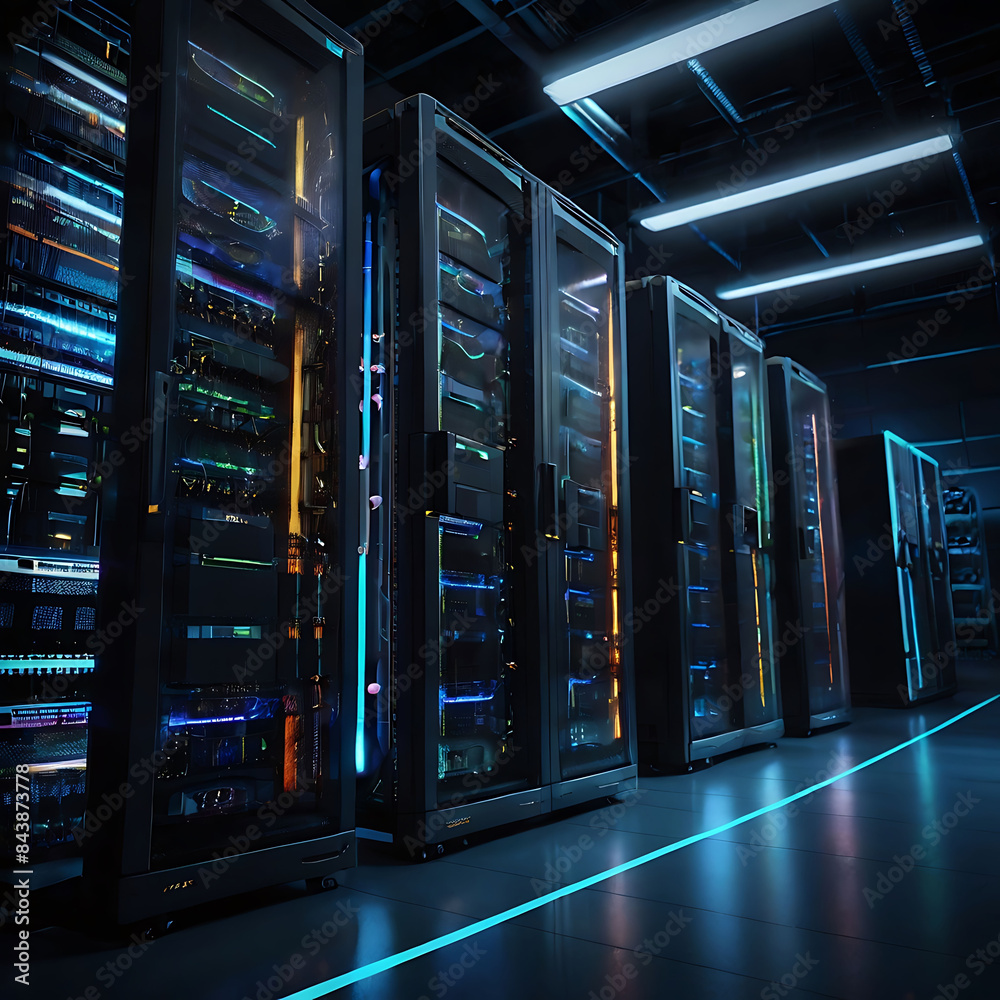 Big Data Technology Center Server Racks in Dark Room with VFX. Futuristic Visualization Concept of Internet of Things, Digitalization of Traffic. Information Equipment Warehouse. Generative Ai. Big Data Technology Center Server Racks in Dark Room with VFX. Futuristic Visualization Concept of Internet of Things, Digitalization of Traffic. Information Equipment Warehouse. Generative Ai.