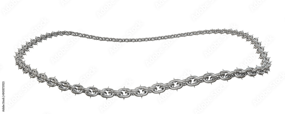 A dynamic perspective! This 3D illustration showcases sharp-tipped metal chains forming a perfect circular frame, viewed from an off-center camera angle A dynamic perspective! This 3D illustration showcases sharp-tipped metal chains forming a perfect circular frame, viewed from an off-center camera angle