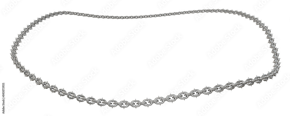 3D illustration showcases a captivating circular frame, formed by sharp-tipped metal chains (dynamic camera angle, transparent PNG). Ideal for modern art projects with a unique perspective. 3D illustration showcases a captivating circular frame, formed by sharp-tipped metal chains (dynamic camera angle, transparent PNG). Ideal for modern art projects with a unique perspective.