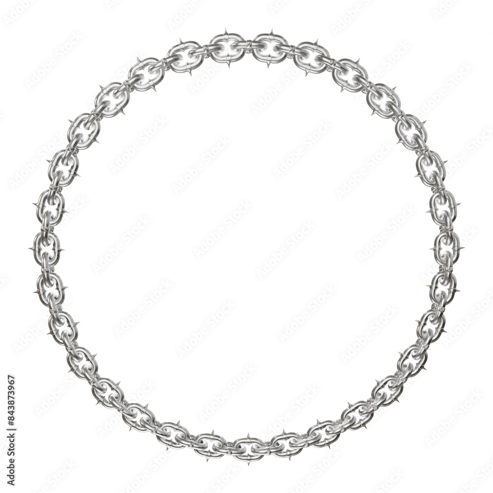 Modern Chainwork: Circular Frame.  3D render showcases a captivating design element: a perfect circular frame formed by skillfully crafted, sharp-tipped metal chains (transparent PNG background).