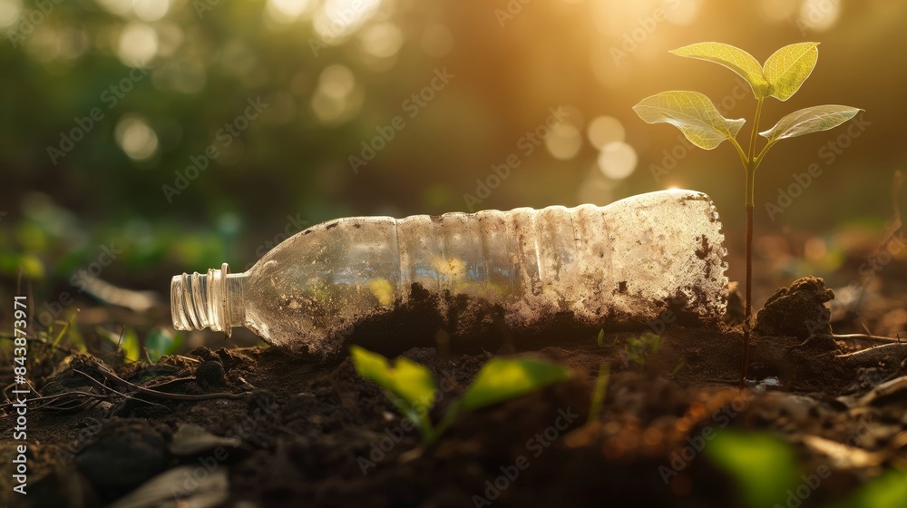 Fototapeta premium A bottle of plastic is laying on the ground next to a small plant. Environmental concept