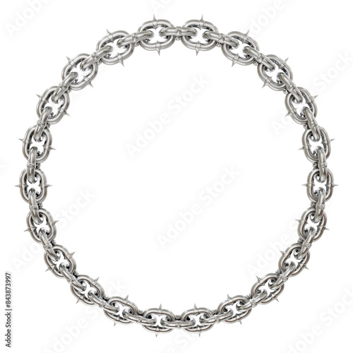 Metal Chain Sculpture: 3D Design. 3D render showcases a captivating modern sculpture: sharp-tipped metal chains forming a perfect circular frame (transparent PNG background).