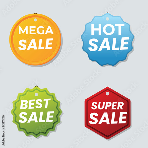 Sale Label collection set. Set ribbon banner and label sticker sale offer and badge tag sale advertising. Discount red ribbons, banners and icons. Cffer discount coupons. Vector illustration.Sale Labe