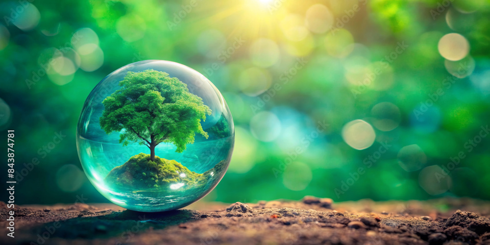 Single tree in a crystal clear sphere on top of the earth,against a bright green background,punctuated by sunlight.Complexity of the sphere and tree refers to the preservation of the environment.AI ge Single tree in a crystal clear sphere on top of the earth,against a bright green background,punctuated by sunlight.Complexity of the sphere and tree refers to the preservation of the environment.AI ge