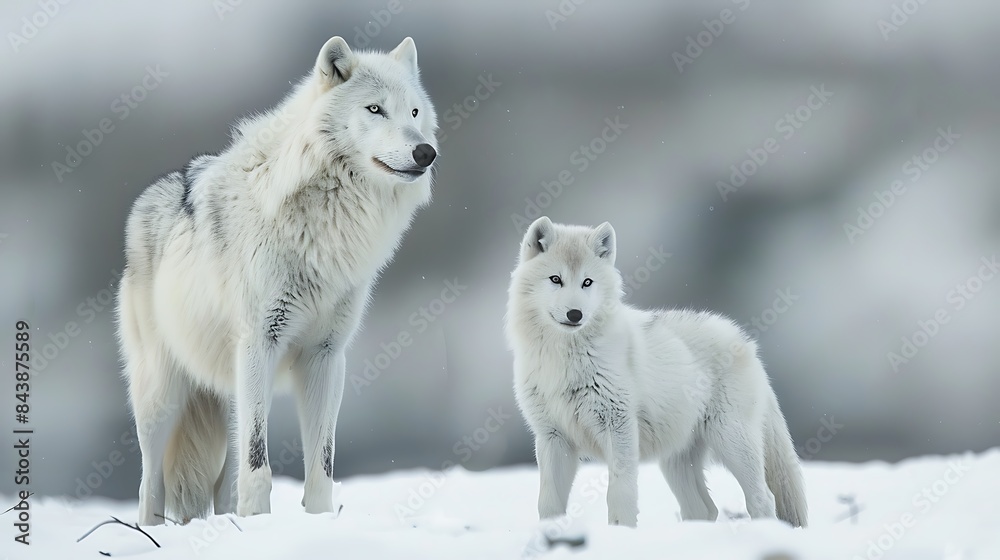 Two arctic wolves and cub Two arctic wolves and cub
