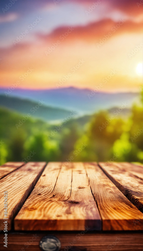 Empty wooden table with blurred forest sunset sky background Empty wooden table with blurred forest sunset sky background