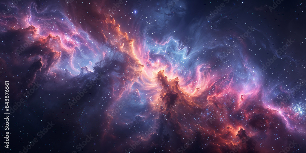 Fototapeta premium Epic cosmic nebula and twinkling stars at majestic galaxy. Illustration of a background with a majestic space theme. 