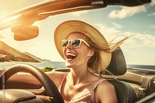 Joyful woman enjoying a sunny drive in a convertible © paffy