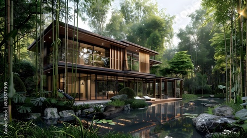 House in a cool and lush tropical forest, small lake in front, surrounded by bamboo trees and greenery