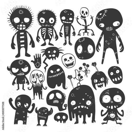 silhouette hand drawn cute zombie kawaii doodle collection set