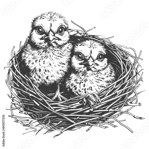 Little Chicks in the nest with engraving style black color only
