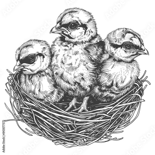 Little Chicks in the nest with engraving style black color only