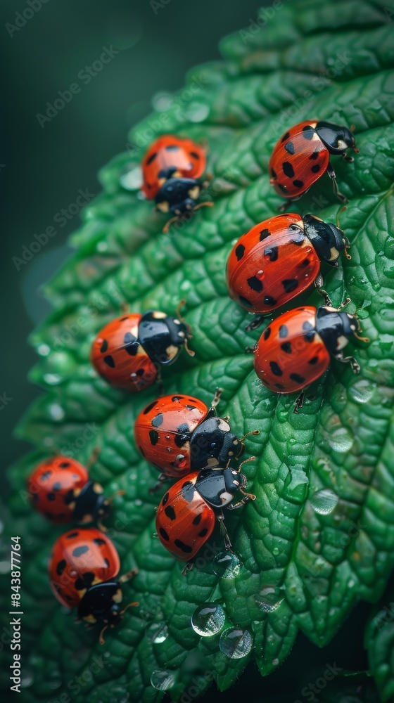 Obraz premium Ladybugs with red and black spots gather on a fresh green leaf, its surface adorned with shimmering raindrops.