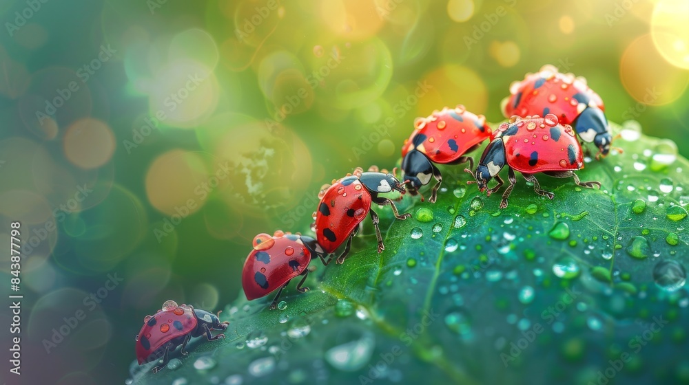 Ladybugs with red and black spots gather on a fresh green leaf, its surface adorned with shimmering raindrops.
Ladybugs with red and black spots gather on a fresh green leaf, its surface adorned with shimmering raindrops.