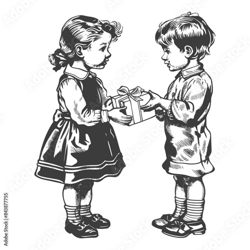 little girl and little boy couple exchanging gifts with engraving style