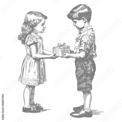 little girl and little boy couple exchanging gifts with engraving style