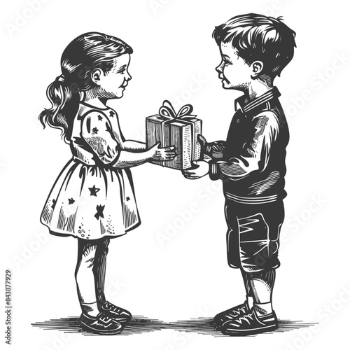little girl and little boy couple exchanging gifts with engraving style