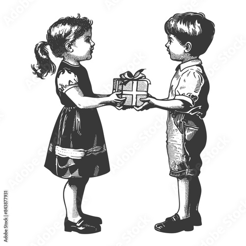 little girl and little boy couple exchanging gifts with engraving style
