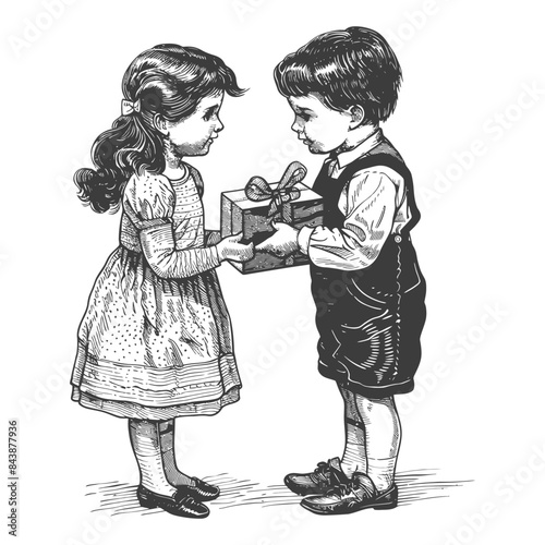 little girl and little boy couple exchanging gifts with engraving style