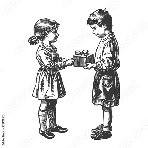 little girl and little boy couple exchanging gifts with engraving style