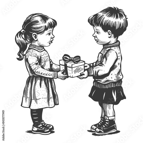 little girl and little boy couple exchanging gifts with engraving style