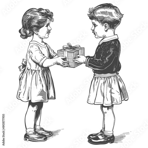 little girl and little boy couple exchanging gifts with engraving style